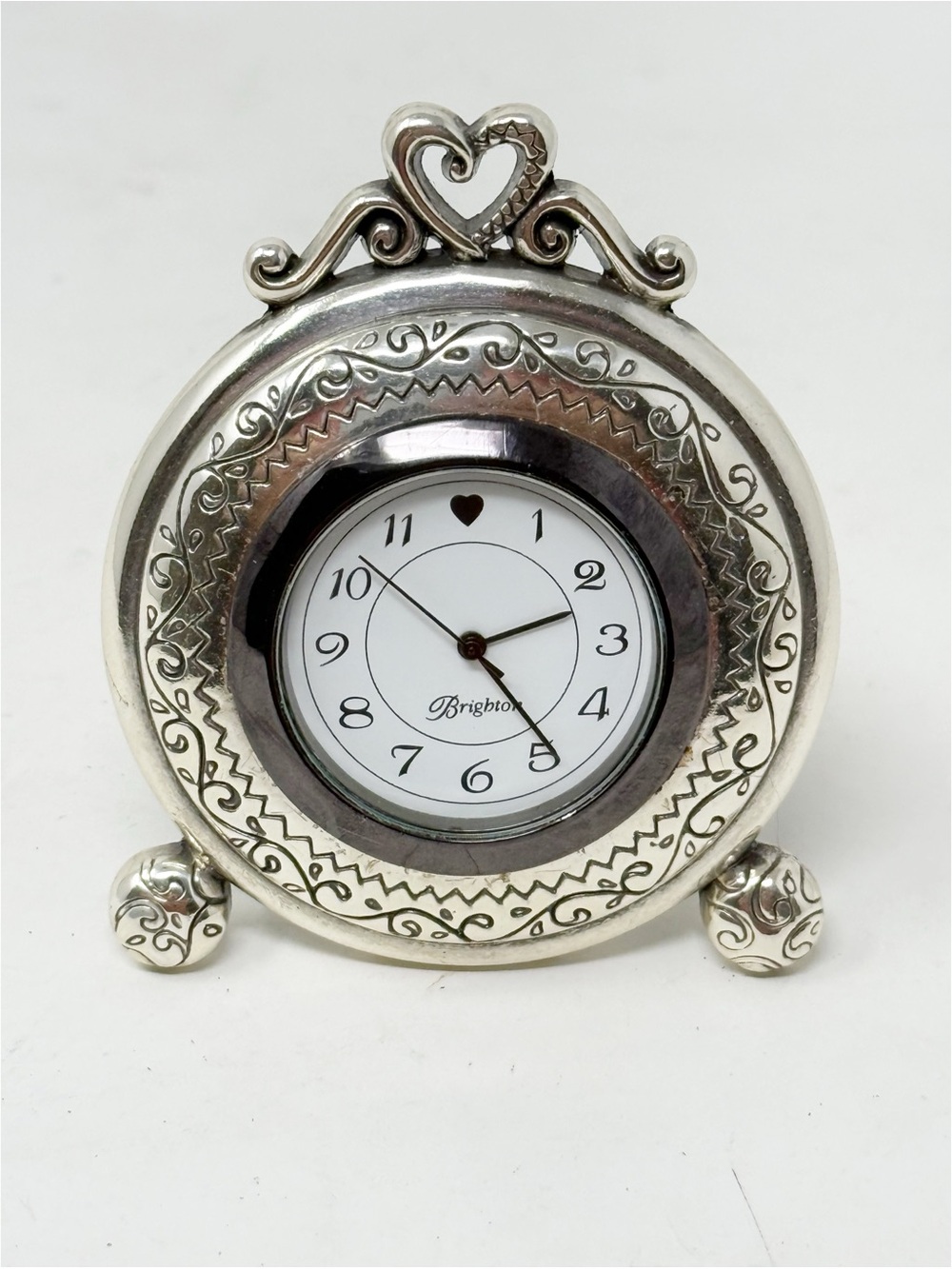 BRIGHTON Memphis Etched Desk Clock Hearts Silver Plated Works New Battery